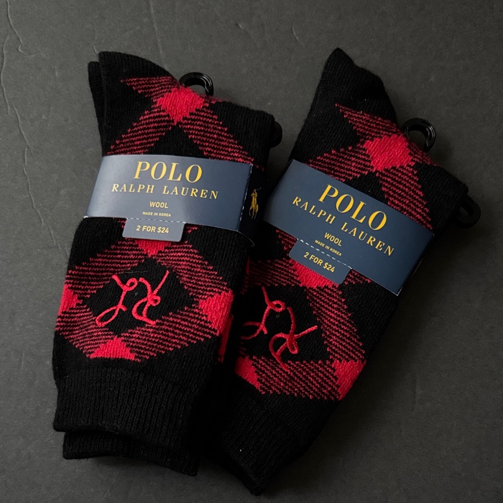 New Polo by Ralph Lauren Black & Red Argyle Wool Crew Socks - Bundle of 2 pairs